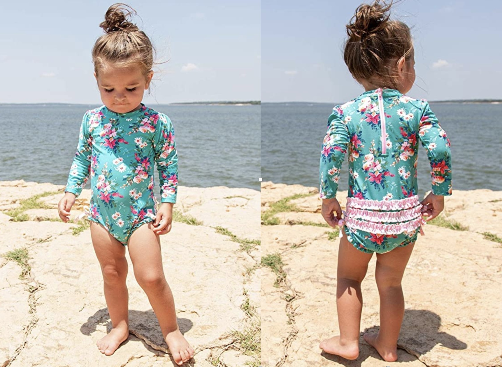 RuffleButts BabyToddler Girls UPF 50 Sun Protection Long Sleeve One Piece Swimsuit With Zipper 